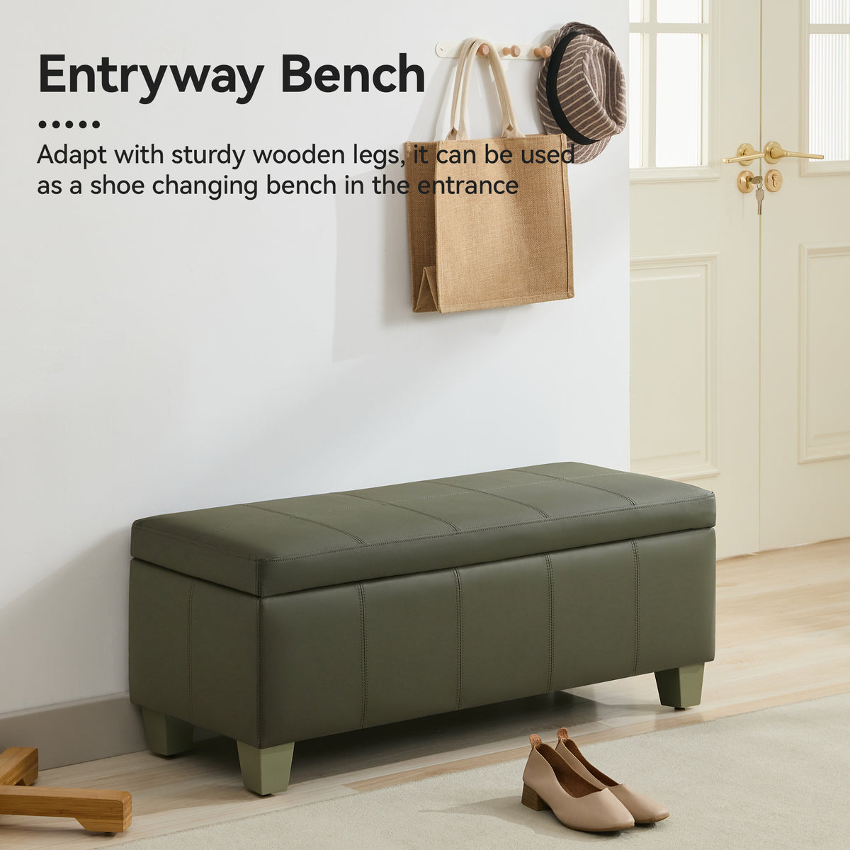 Faux Leather Storage Ottoman Bench, Rectangle Upholstered Storage Bench with Wooden Legs, Stitch Tufted Bench with Storage for Bedroom, Living Room, Entryway
