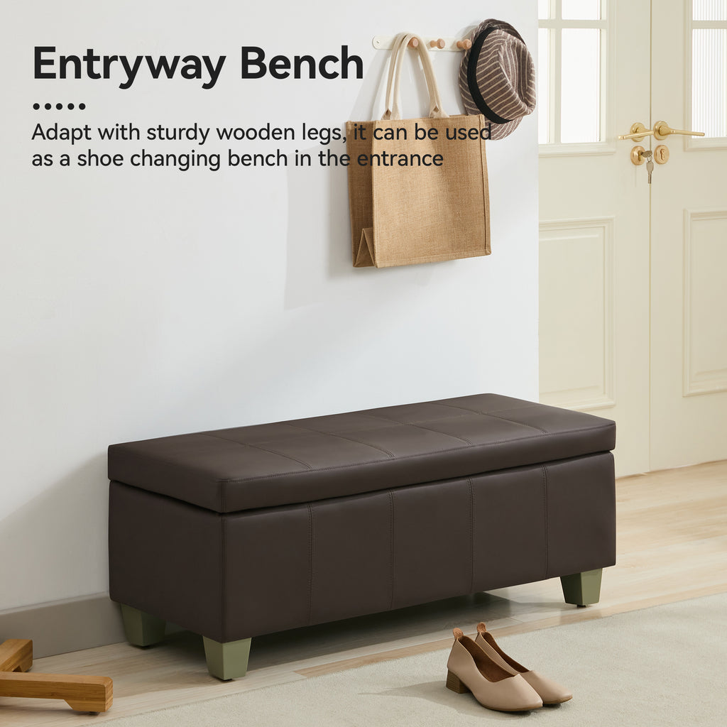 Faux Leather Storage Ottoman Bench, Rectangle Upholstered Storage Bench with Wooden Legs, Stitch Tufted Bench with Storage for Bedroom, Living Room, Entryway