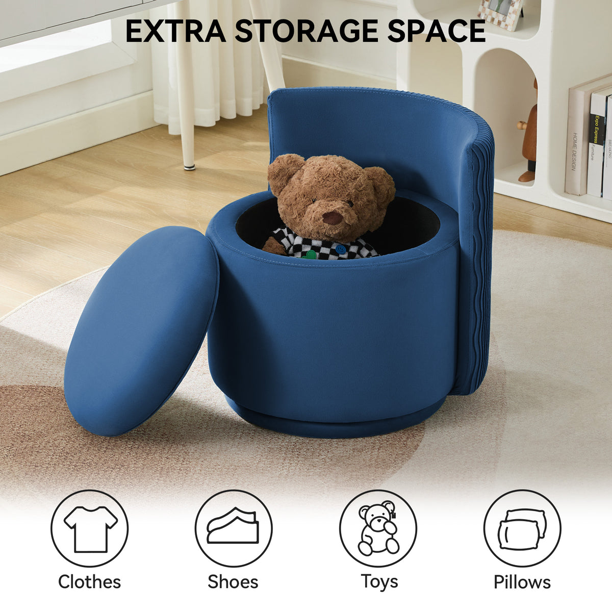 Velvet Swivel Accent Chair with Storage, 360° Vanity Makeup Chair with Wave Back, No Assembly Comfy Single Sofa Chair, Small Accent Stool for Bedroom, Dressing, Living Room