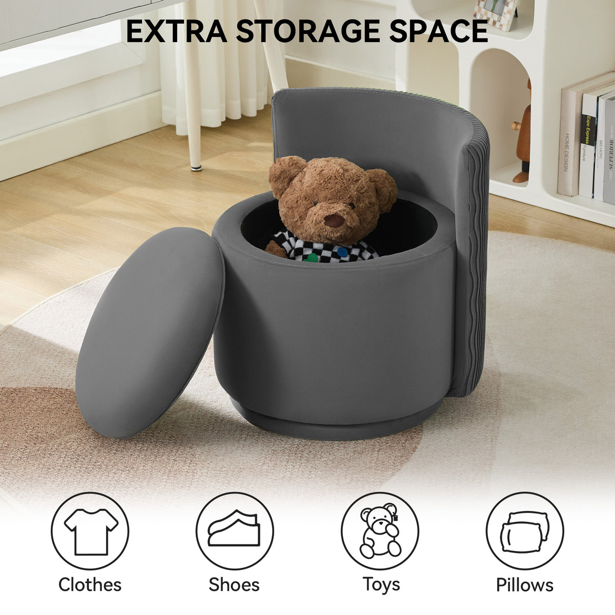 Velvet Swivel Accent Chair with Storage, 360° Vanity Makeup Chair with Wave Back, No Assembly Comfy Single Sofa Chair, Small Accent Stool for Bedroom, Dressing, Living Room