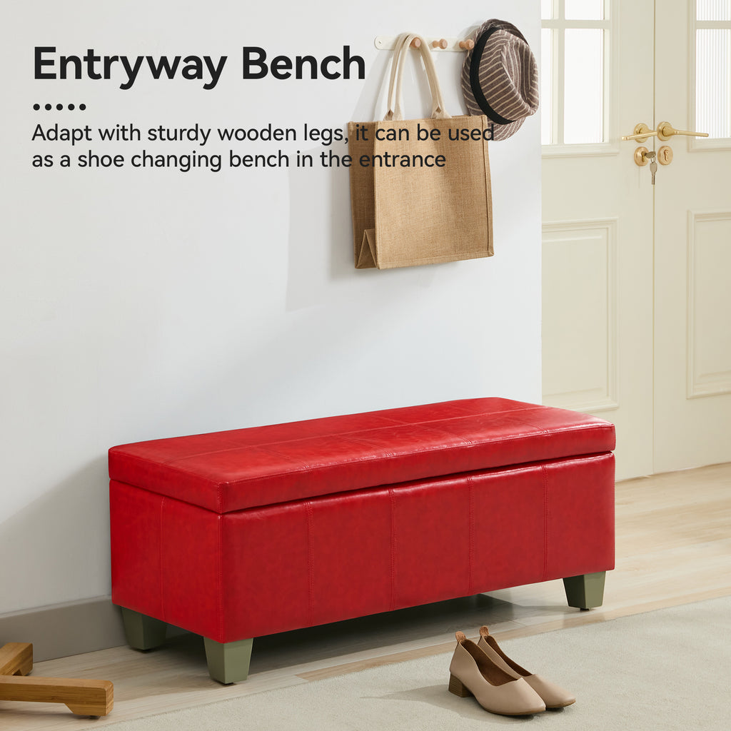 Faux Leather Storage Ottoman Bench, Rectangle Upholstered Storage Bench with Wooden Legs, Stitch Tufted Bench with Storage for Bedroom, Living Room, Entryway
