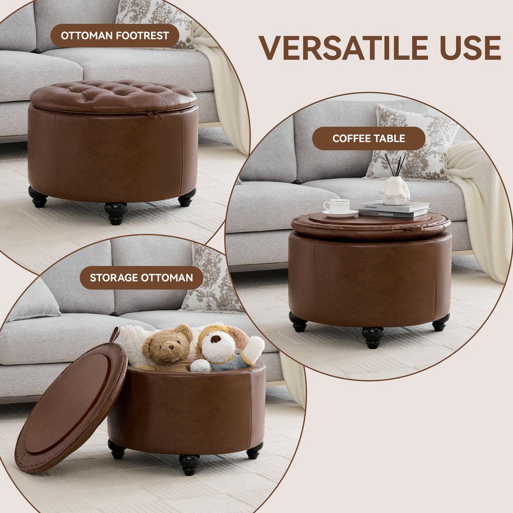 HASLE 24Inch Round Storage Ottoman with Tray, Modern Tufted Leather Circle Coffee Table with Storage, Upholstered Ottoman with Removable Top for Living Room, Bedroom, Leather Coffee