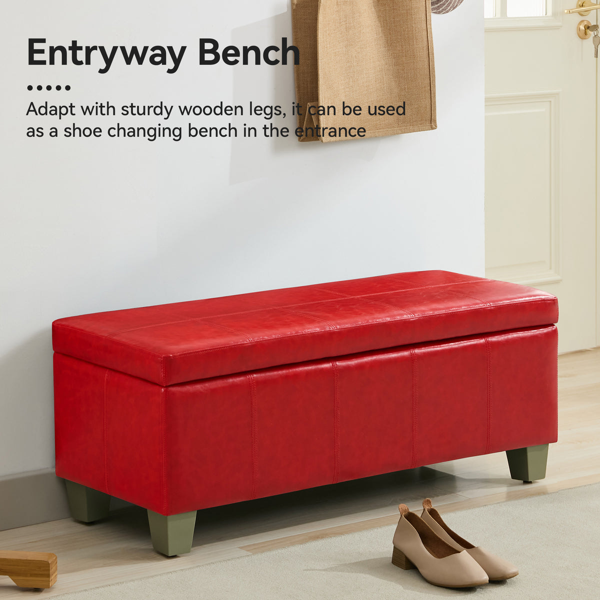 Faux Leather Storage Ottoman Bench, Rectangle Upholstered Storage Bench with Wooden Legs, Stitch Tufted Bench with Storage for Bedroom, Living Room, Entryway