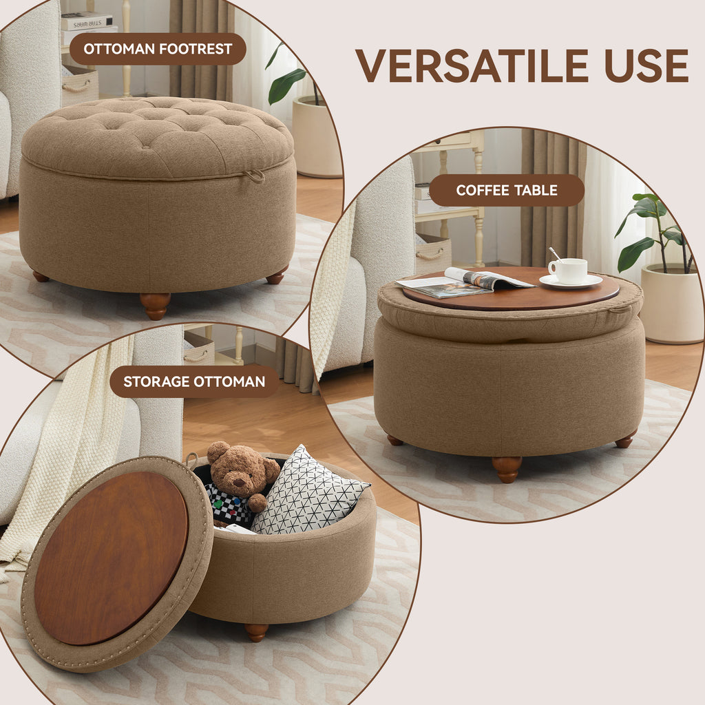 30'' Round Ottoman with Storage, Modern Tufted Fabric Storage Ottoman with Removable Wooden Top for Living Room, Bedroom, Brown