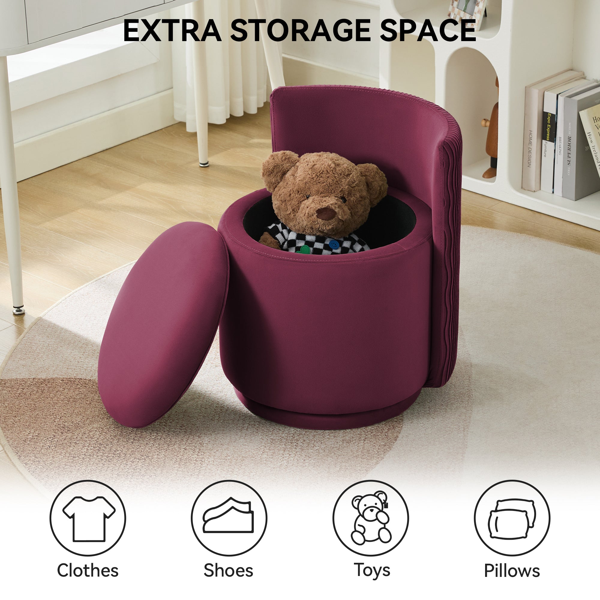 Vanity Chair with Storage，Velvet, Red