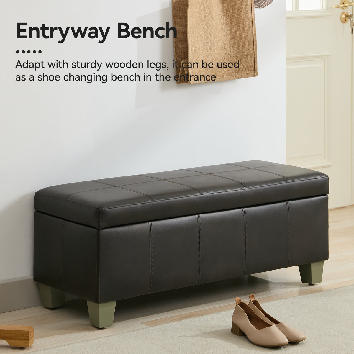 Faux Leather Storage Ottoman Bench, Rectangle Upholstered Storage Bench with Wooden Legs, Stitch Tufted Bench with Storage for Bedroom, Living Room, Entryway