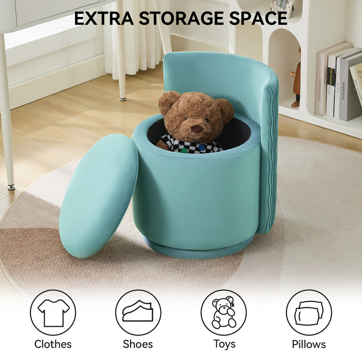 Velvet Swivel Accent Chair with Storage, 360° Vanity Makeup Chair with Wave Back, No Assembly Comfy Single Sofa Chair, Small Accent Stool for Bedroom, Dressing, Living Room