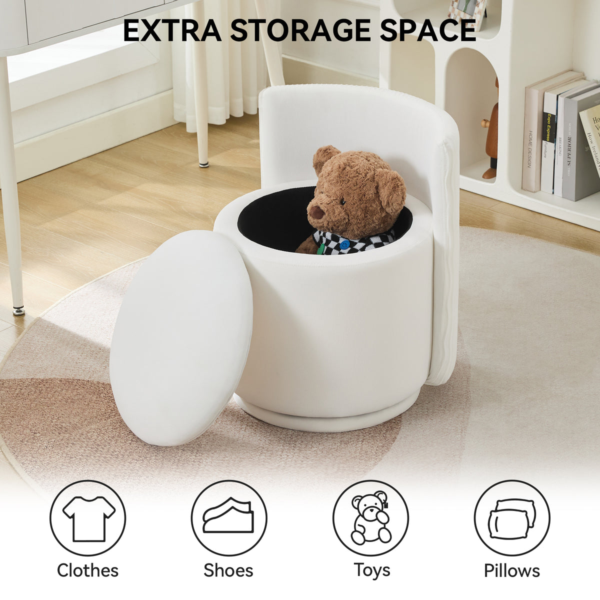 Velvet Swivel Accent Chair with Storage, 360° Vanity Makeup Chair with Wave Back, No Assembly Comfy Single Sofa Chair, Small Accent Stool for Bedroom, Dressing, Living Room
