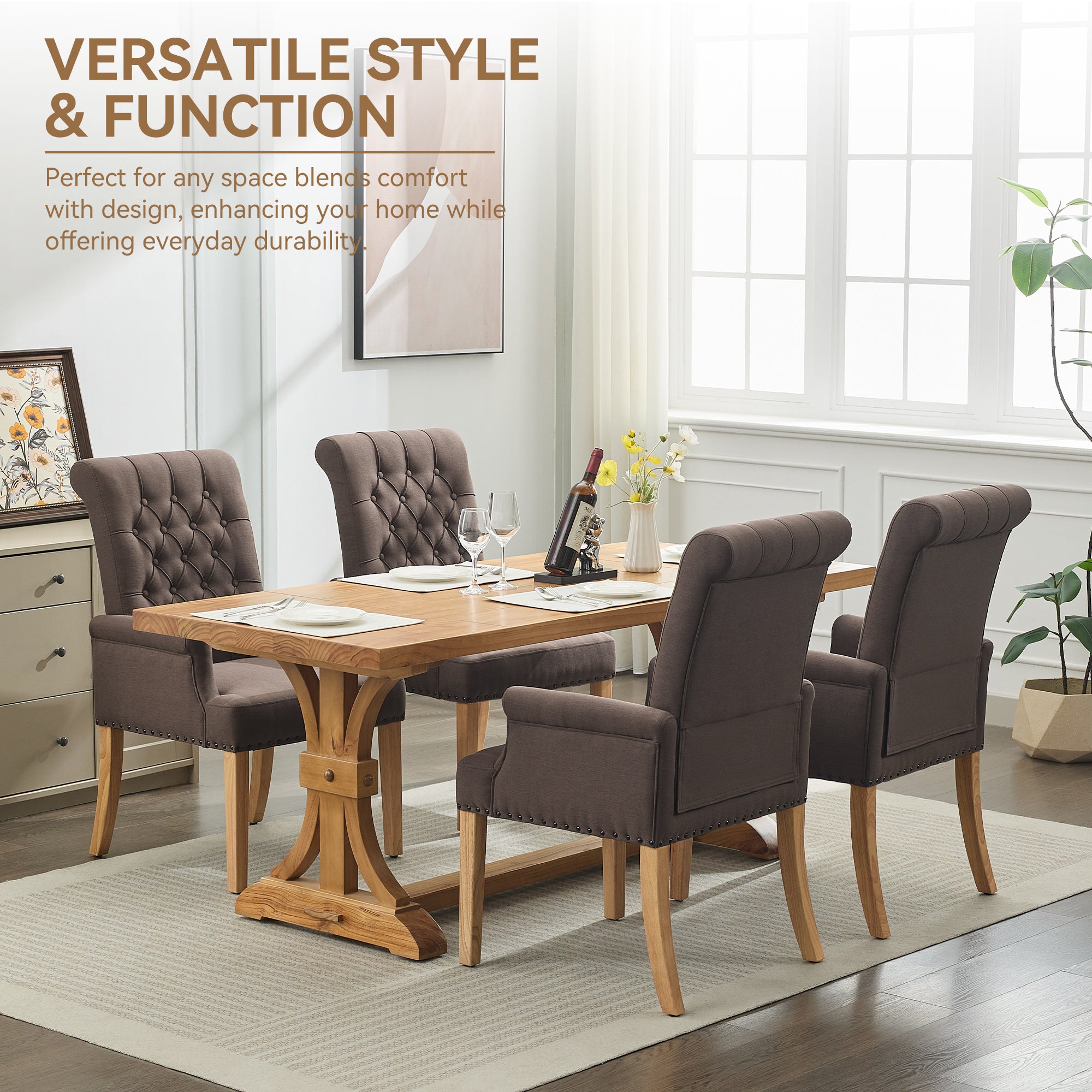 Fabric Dining Chair with Arms，Brown