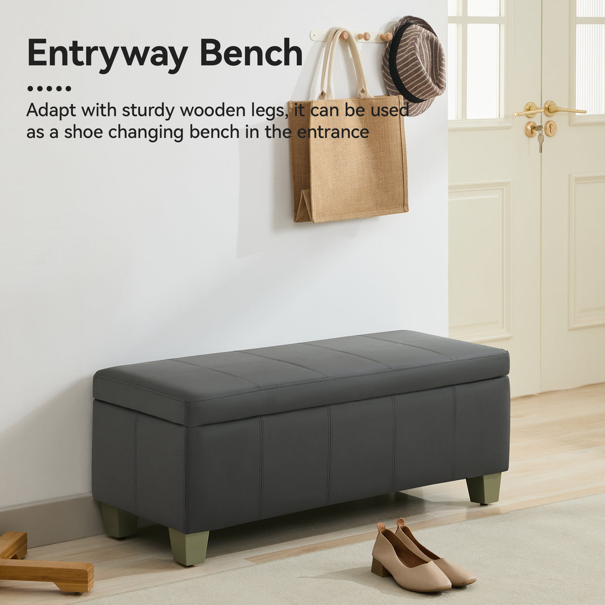 Faux Leather Storage Ottoman Bench, Rectangle Upholstered Storage Bench with Wooden Legs, Stitch Tufted Bench with Storage for Bedroom, Living Room, Entryway