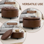 HASLE 30Inch Round Storage Ottoman with Tray, Modern Tufted Leather Circle Coffee Table with Storage, Upholstered Ottoman with Removable Top for Living Room, Bedroom, Leather Coffee