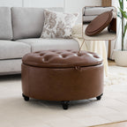 HASLE 30Inch Round Storage Ottoman with Tray, Modern Tufted Leather Circle Coffee Table with Storage, Upholstered Ottoman with Removable Top for Living Room, Bedroom, Leather Coffee