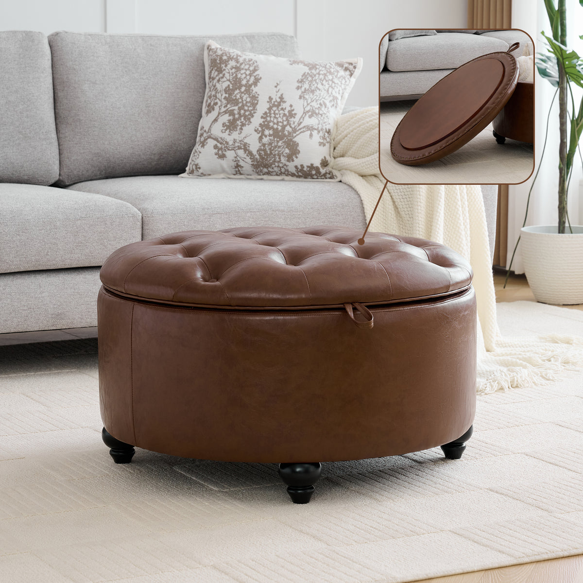 HASLE 30Inch Round Storage Ottoman with Tray, Modern Tufted Leather Circle Coffee Table with Storage, Upholstered Ottoman with Removable Top for Living Room, Bedroom, Leather Coffee