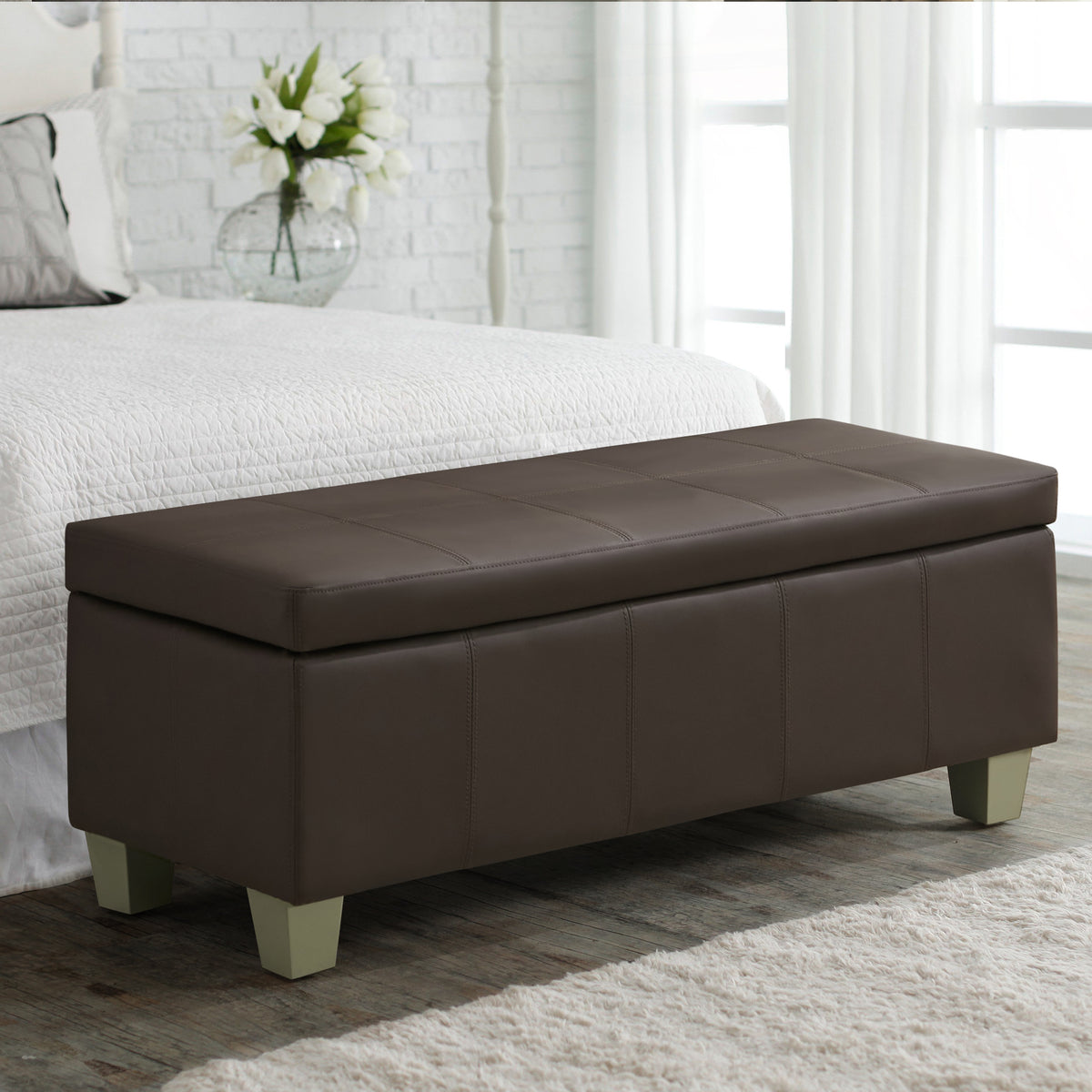 Faux Leather Storage Ottoman Bench, Rectangle Upholstered Storage Bench with Wooden Legs, Stitch Tufted Bench with Storage for Bedroom, Living Room, Entryway