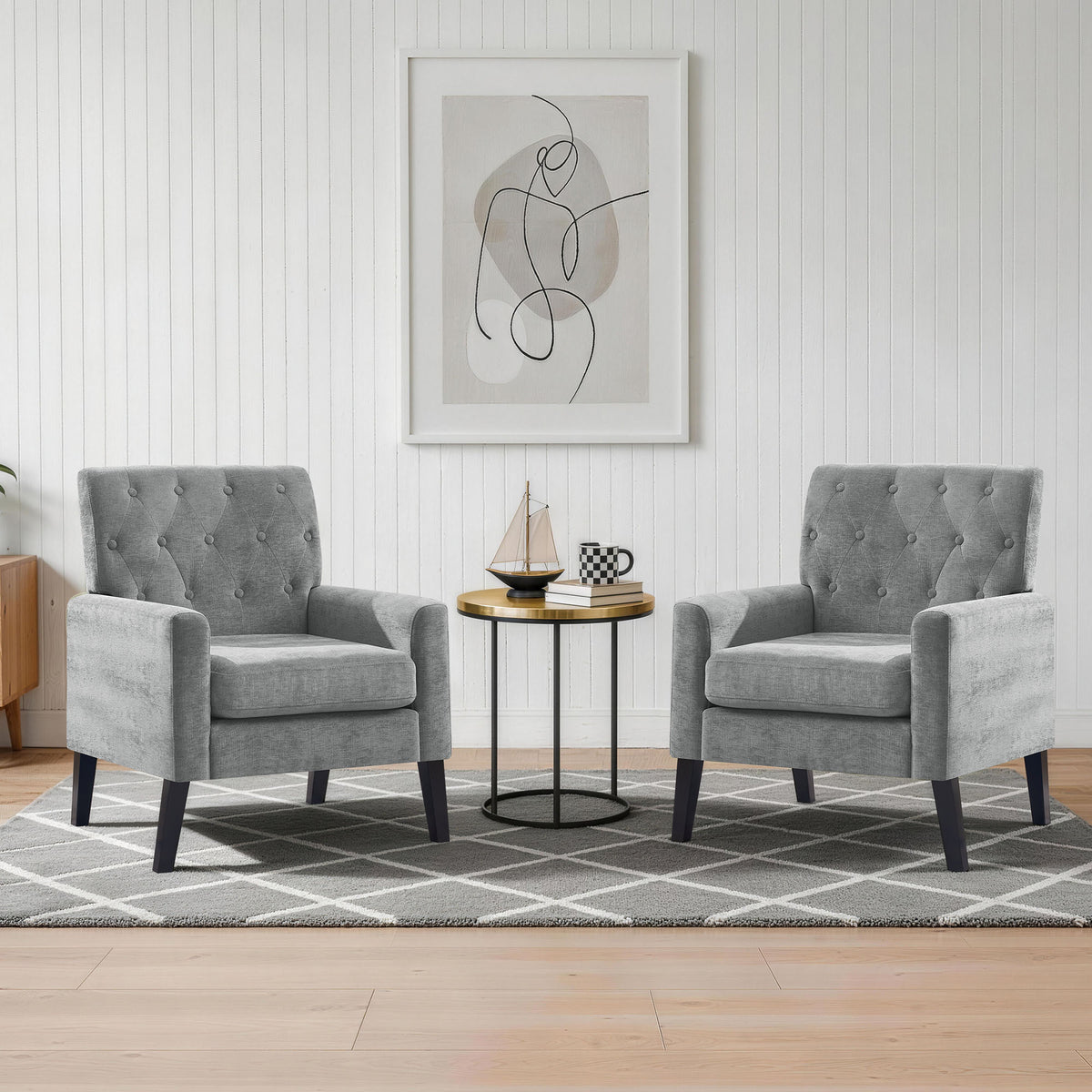 Mid Century Modern Accent Chairs, Grey Chenille Office Chair for Reception - Tufted Upholstered Club Chair for Living Room, Bedroom, or Waiting Room