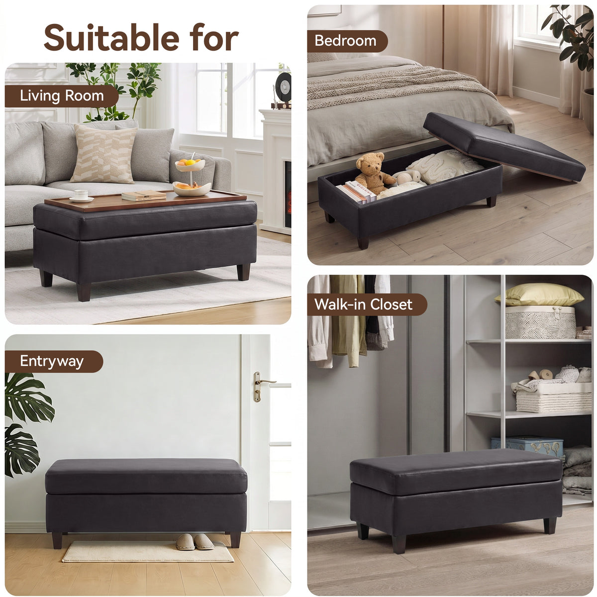 HASLE Storage Ottoman Bench with Wooden Tray, Upholstered Ottoman Coffee Table with Hidden Storage for Living Room Bedroom