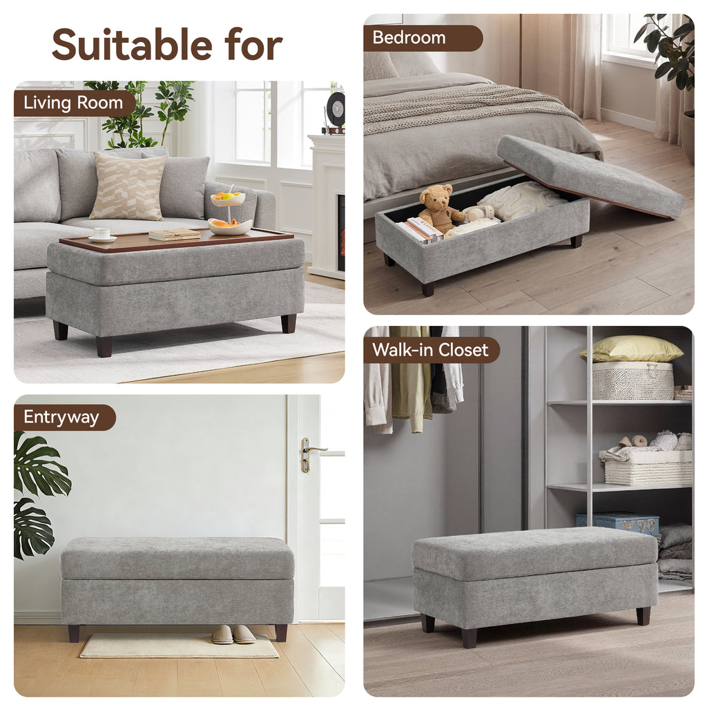 HASLE Storage Ottoman Bench with Wooden Tray, Upholstered Ottoman Coffee Table with Hidden Storage for Living Room Bedroom