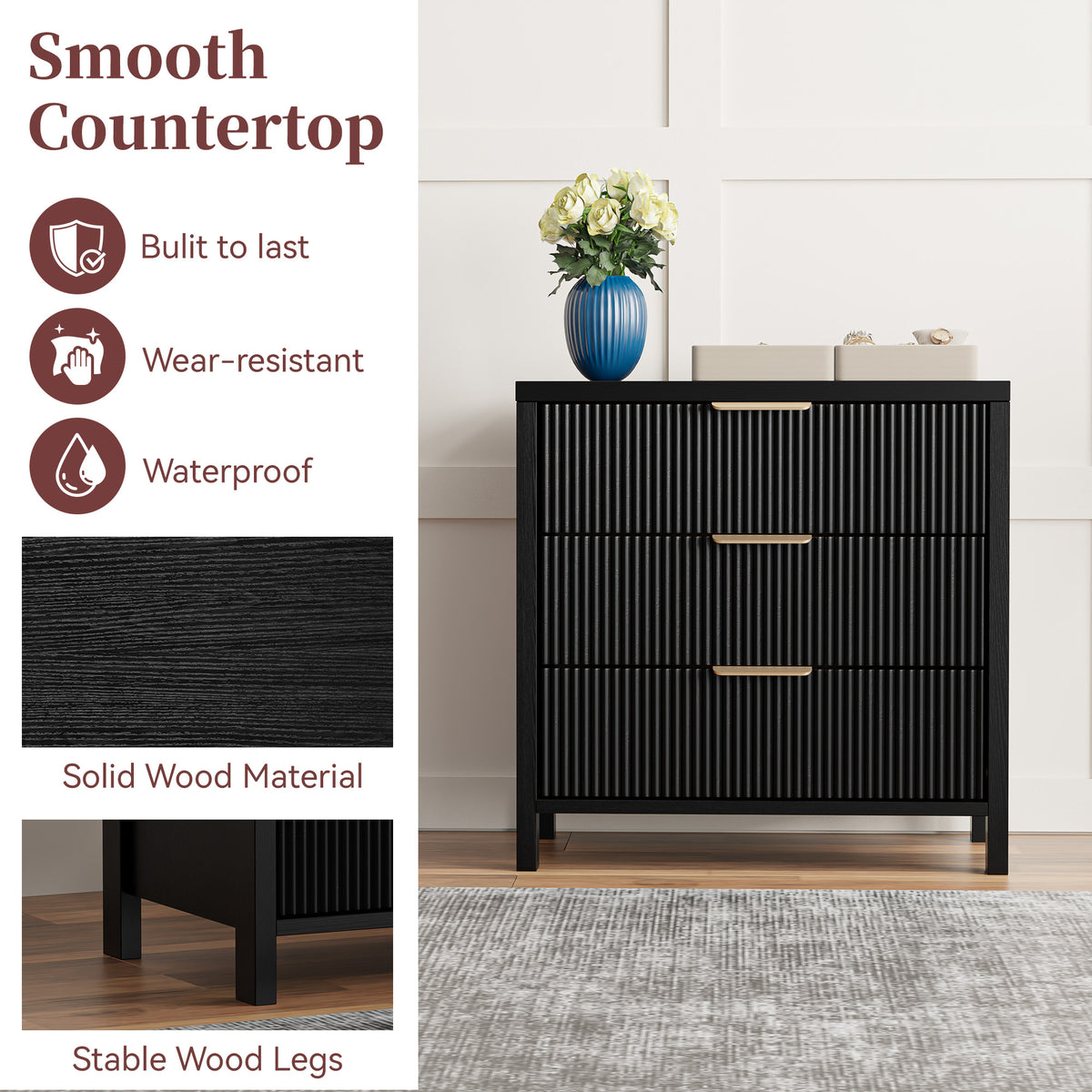 HASLE Fluted Nightstand with 3 Drawers, Mid-Century Modern Bedside Table, 23.7'' Wide Wood End Table for Bedroom, Black Finish
