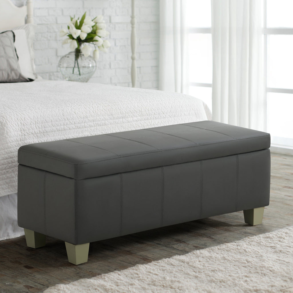 Faux Leather Storage Ottoman Bench, Rectangle Upholstered Storage Bench with Wooden Legs, Stitch Tufted Bench with Storage for Bedroom, Living Room, Entryway