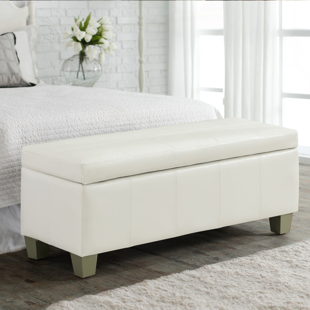 Faux Leather Storage Ottoman Bench, Rectangle Upholstered Storage Bench with Wooden Legs, Stitch Tufted Bench with Storage for Bedroom, Living Room, Entryway