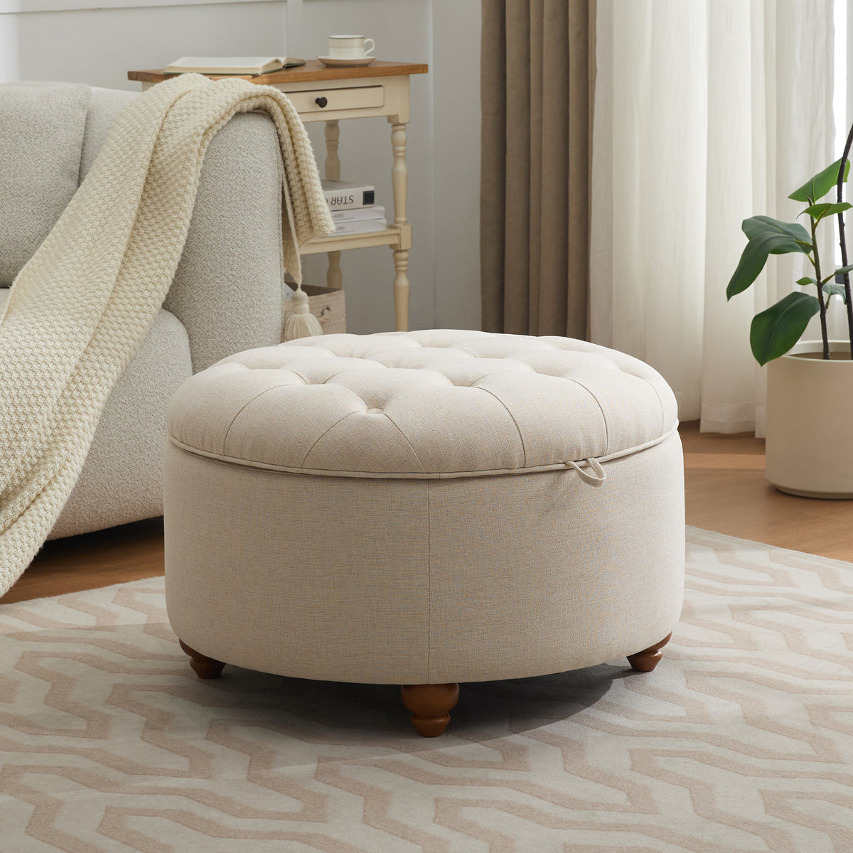 30'' Round Ottoman with Storage, Modern Tufted Storage Ottoman with Removable Top for Living Room, Bedroom, Khaki