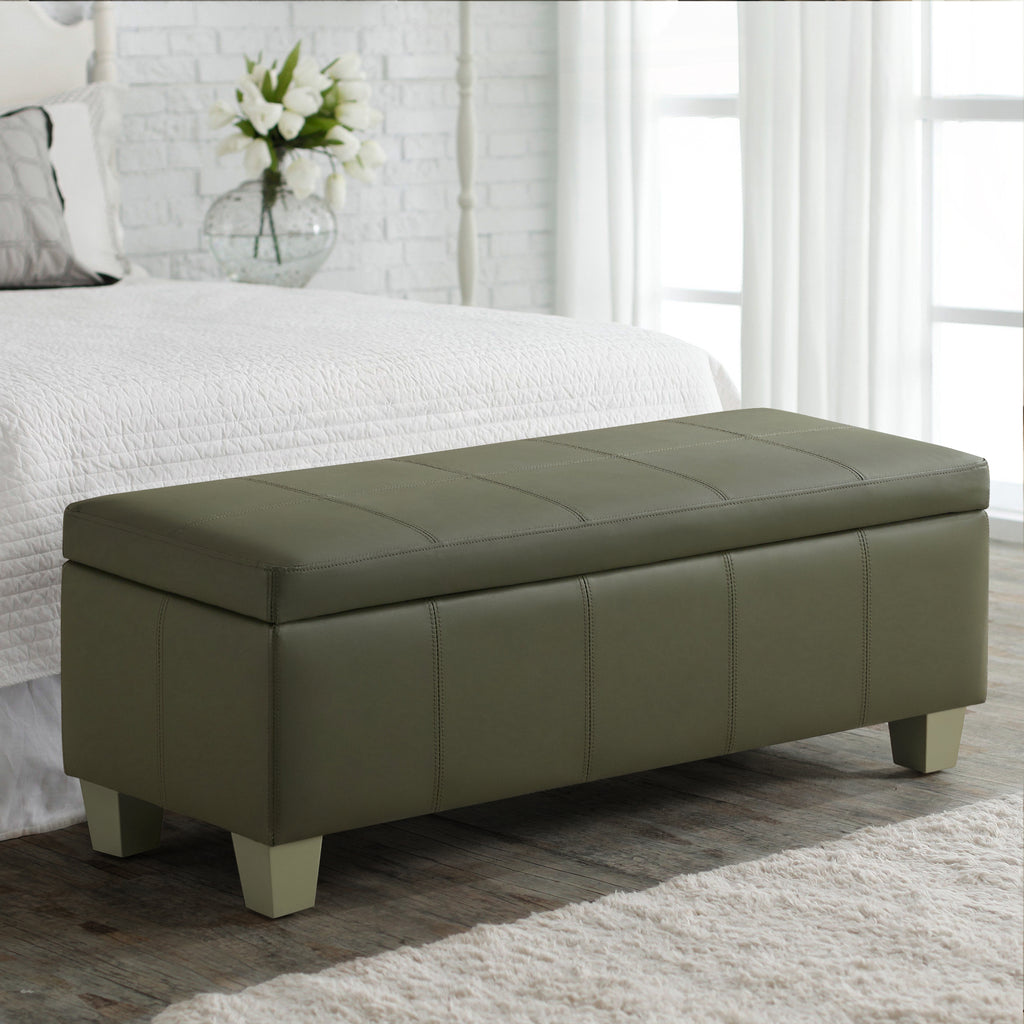 Faux Leather Storage Ottoman Bench, Rectangle Upholstered Storage Bench with Wooden Legs, Stitch Tufted Bench with Storage for Bedroom, Living Room, Entryway