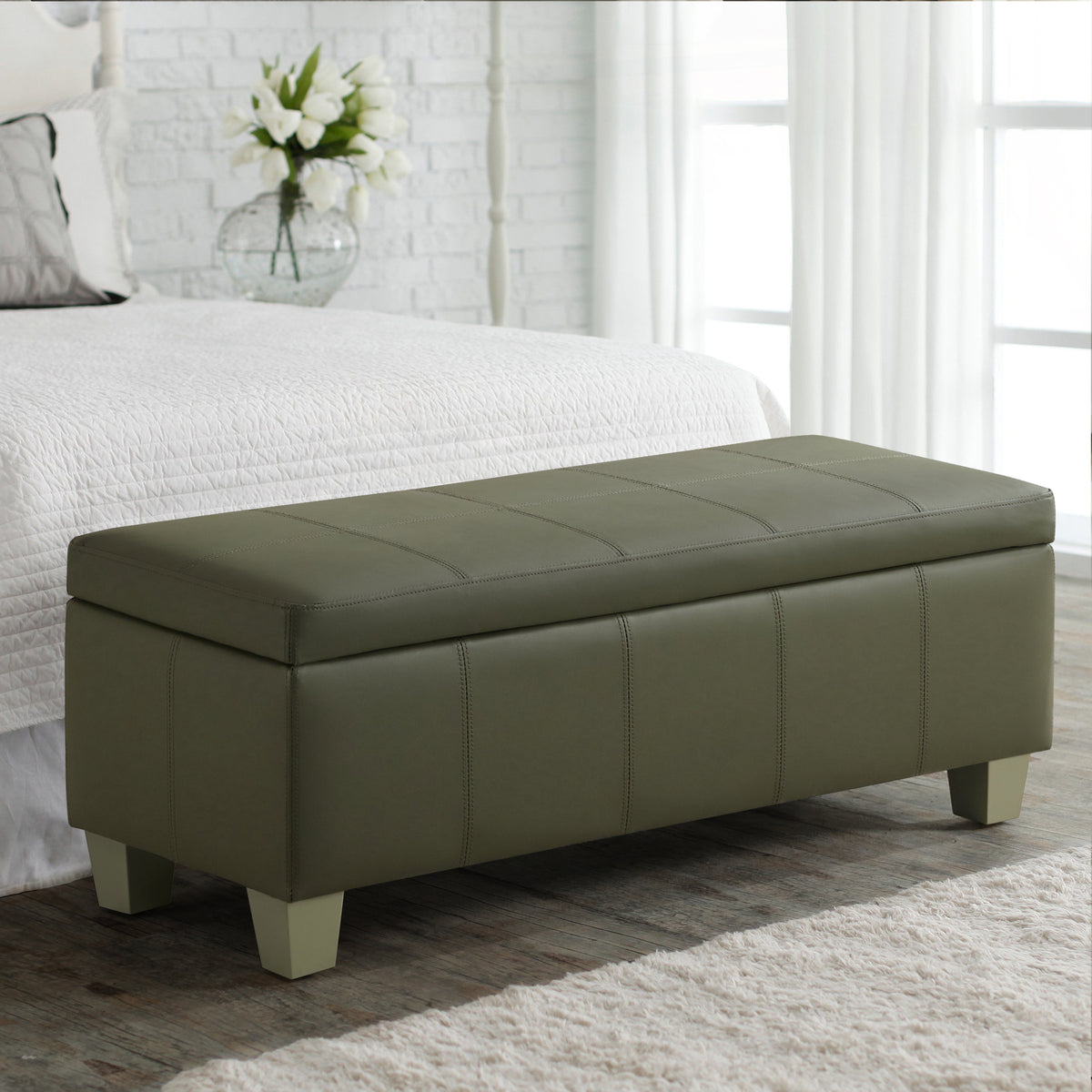 Faux Leather Storage Ottoman Bench, Rectangle Upholstered Storage Bench with Wooden Legs, Stitch Tufted Bench with Storage for Bedroom, Living Room, Entryway