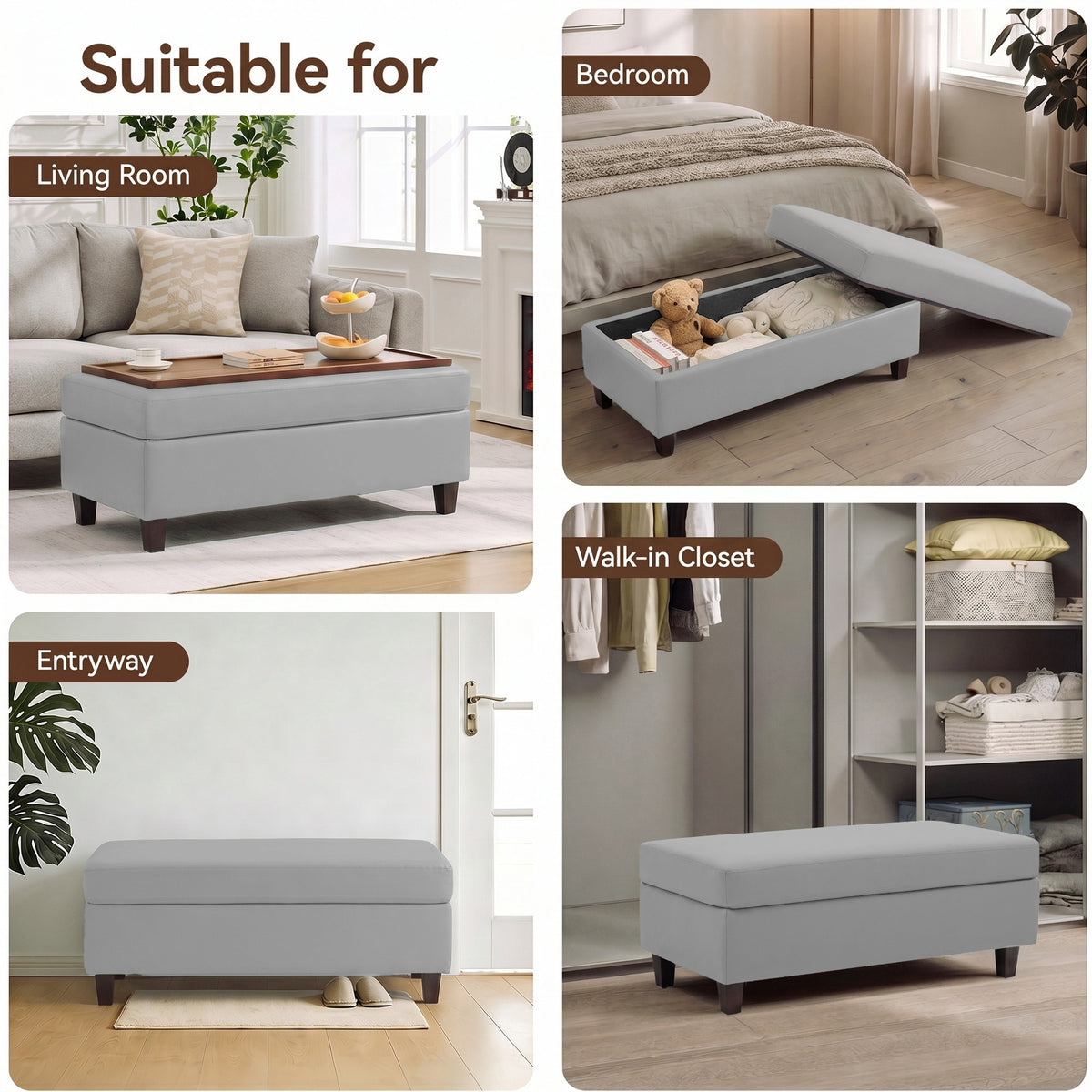 HASLE Storage Ottoman Bench with Wooden Tray, Upholstered Ottoman Coffee Table with Hidden Storage for Living Room Bedroom