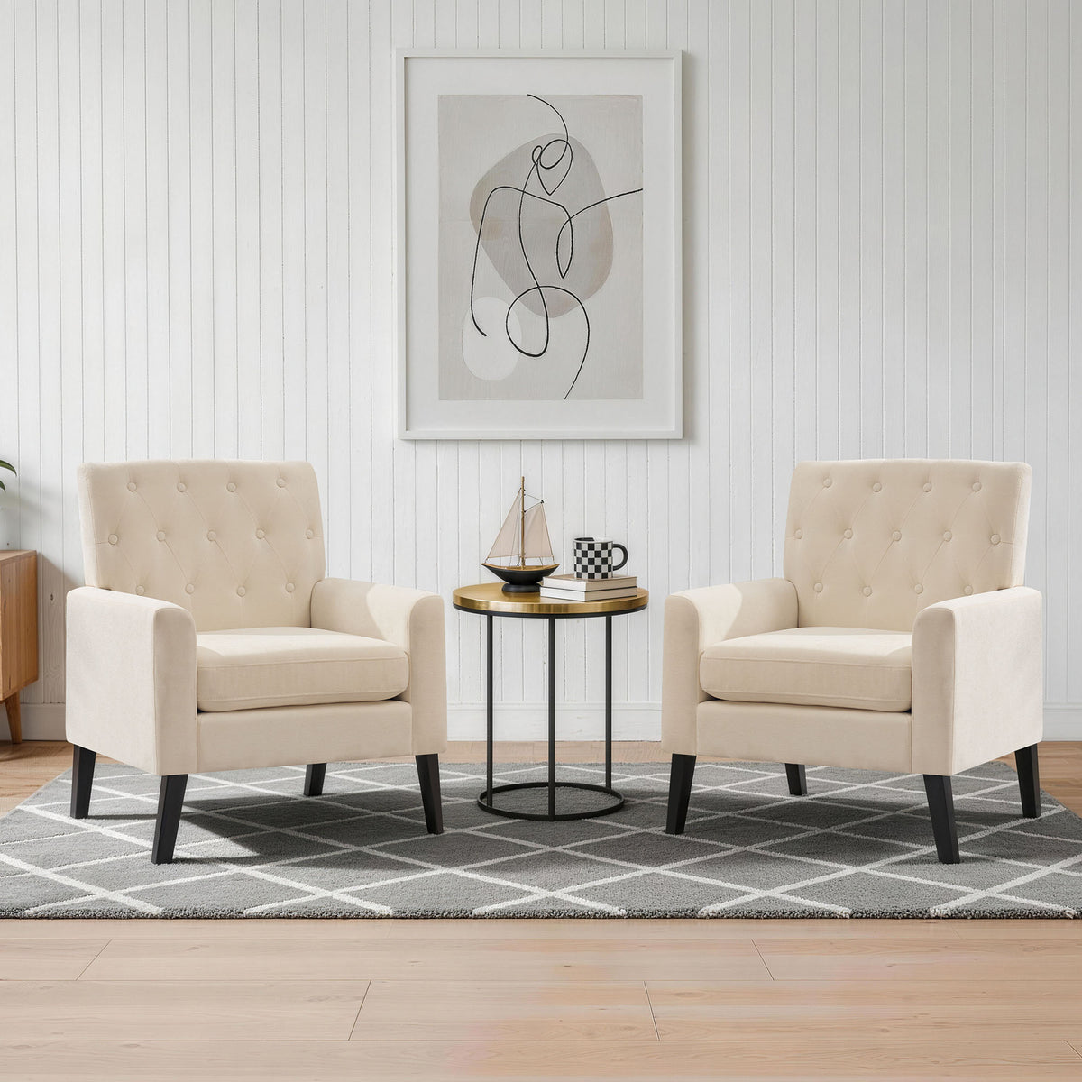 Mid Century Modern Accent Chairs, Beige Chenille Office Chair for Reception - Tufted Upholstered Club Chair for Living Room, Bedroom, or Waiting Room