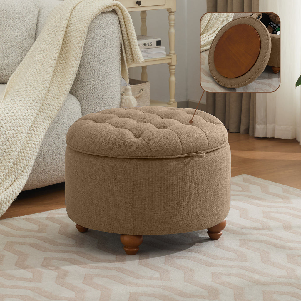 24'' Round Ottoman with Storage, Modern Tufted Fabric Storage Ottoman with Removable Top for Living Room, Bedroom, Brown