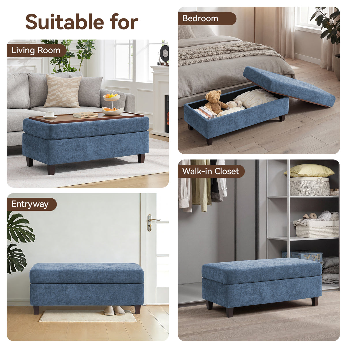 HASLE Storage Ottoman Bench with Wooden Tray, Upholstered Ottoman Coffee Table with Hidden Storage for Living Room Bedroom
