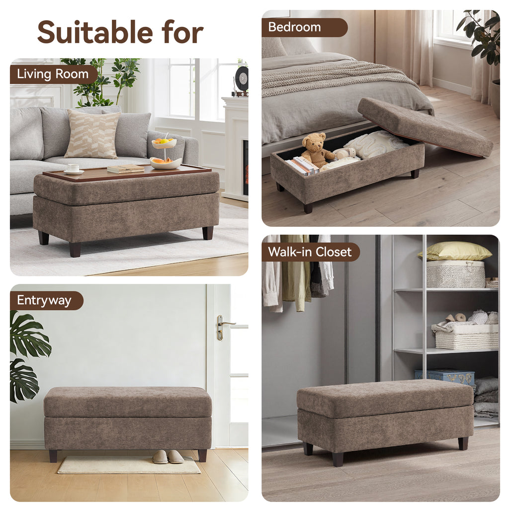 HASLE Storage Ottoman Bench with Wooden Tray, Upholstered Ottoman Coffee Table with Hidden Storage for Living Room Bedroom