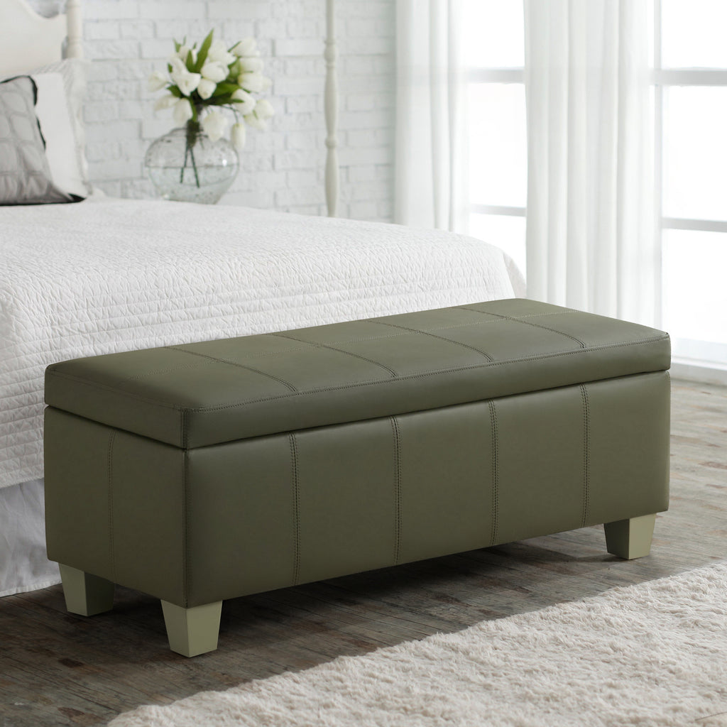 Faux Leather Storage Ottoman Bench, Rectangle Upholstered Storage Bench with Wooden Legs, Stitch Tufted Bench with Storage for Bedroom, Living Room, Entryway