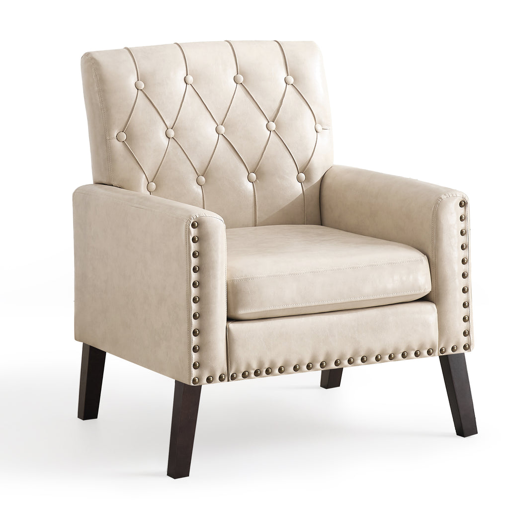 Mid Century Modern Accent Chair, White Brown Faux Leather Club Chair for Living Room, Bedroom, Office, or Reception Room
