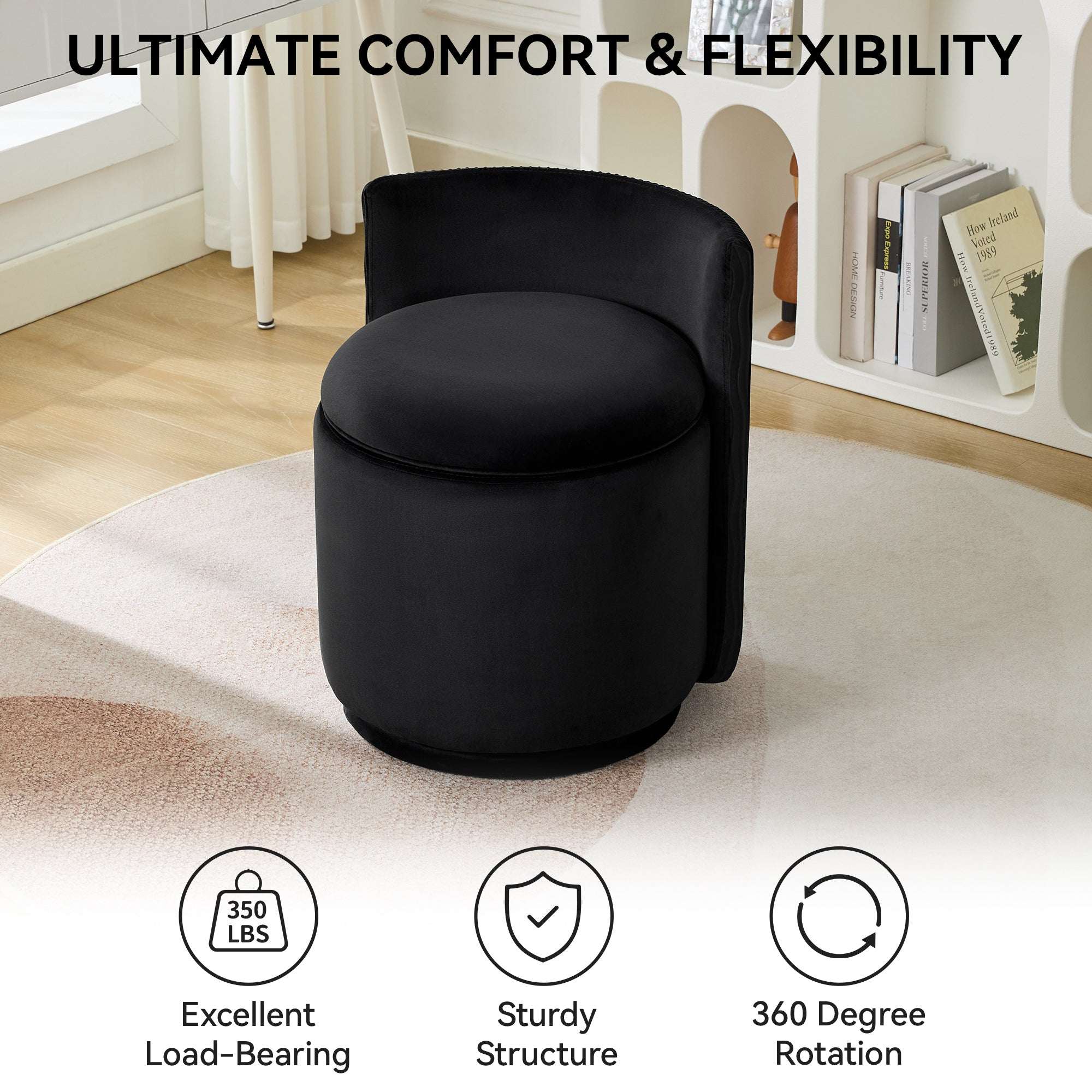 Vanity Chair with Storage，Velvet, Black