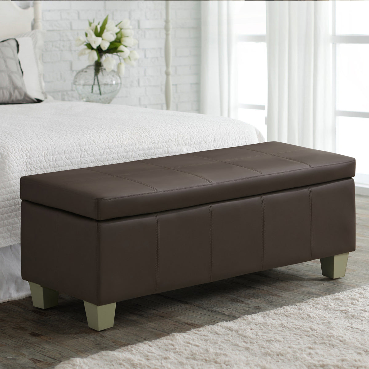 Faux Leather Storage Ottoman Bench, Rectangle Upholstered Storage Bench with Wooden Legs, Stitch Tufted Bench with Storage for Bedroom, Living Room, Entryway