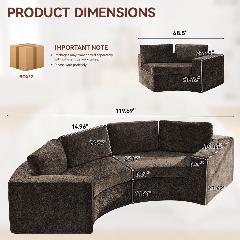 Curved Compression Sectional Couch，4 Seater，Brown