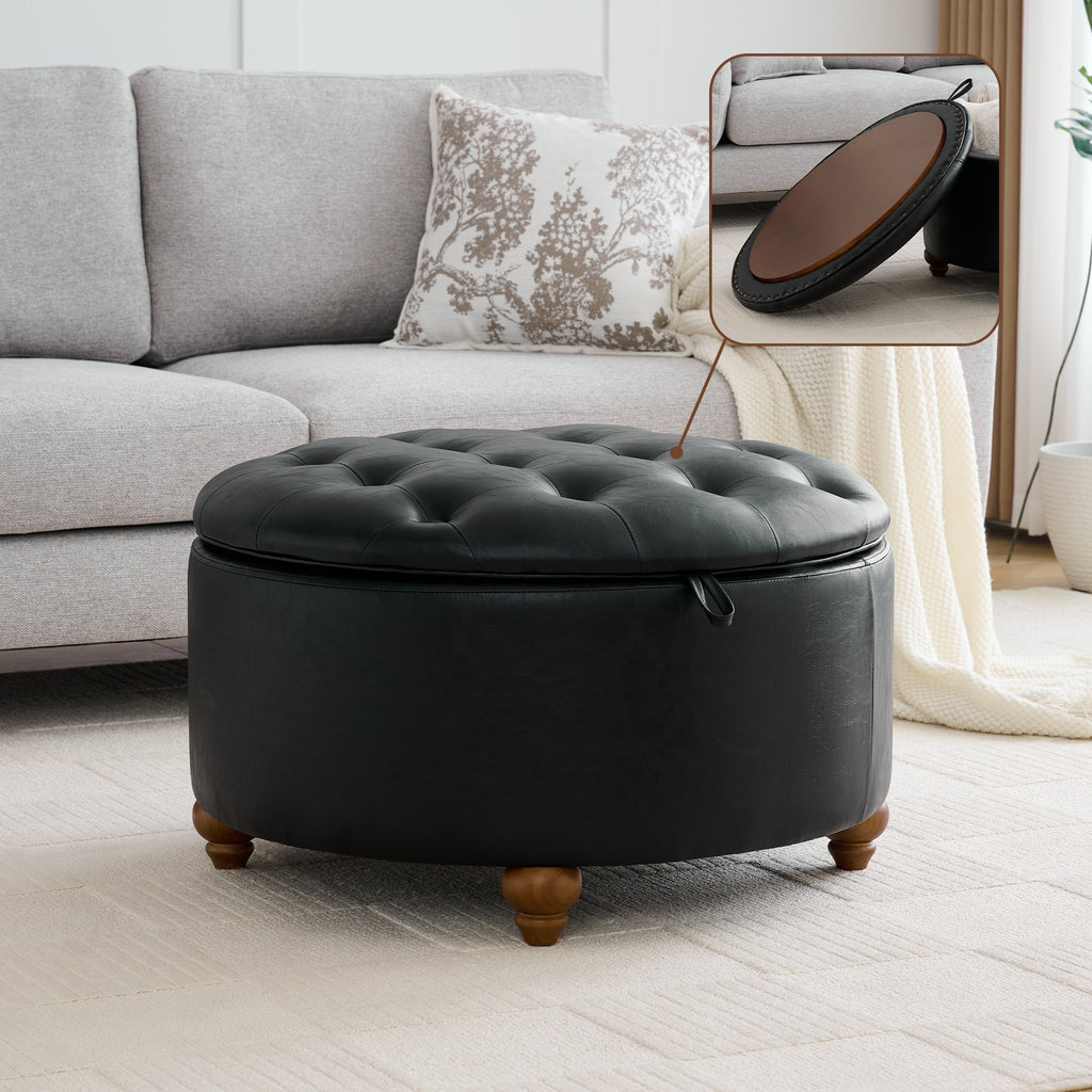 HASLE 30Inch Round Storage Ottoman with Tray, Modern Tufted Leather Circle Coffee Table with Storage, Upholstered Ottoman with Removable Top for Living Room, Bedroom, Leather Black