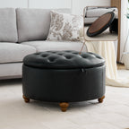 HASLE 30Inch Round Storage Ottoman with Tray, Modern Tufted Leather Circle Coffee Table with Storage, Upholstered Ottoman with Removable Top for Living Room, Bedroom, Leather Black