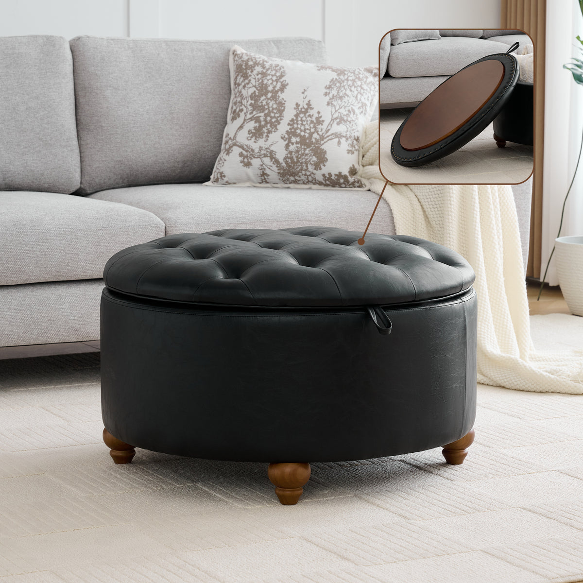 HASLE 30Inch Round Storage Ottoman with Tray, Modern Tufted Leather Circle Coffee Table with Storage, Upholstered Ottoman with Removable Top for Living Room, Bedroom, Leather Black