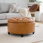 HASLE 30Inch Round Storage Ottoman with Tray, Modern Tufted Leather Circle Coffee Table with Storage, Upholstered Ottoman with Removable Top for Living Room, Bedroom, Leather Brown