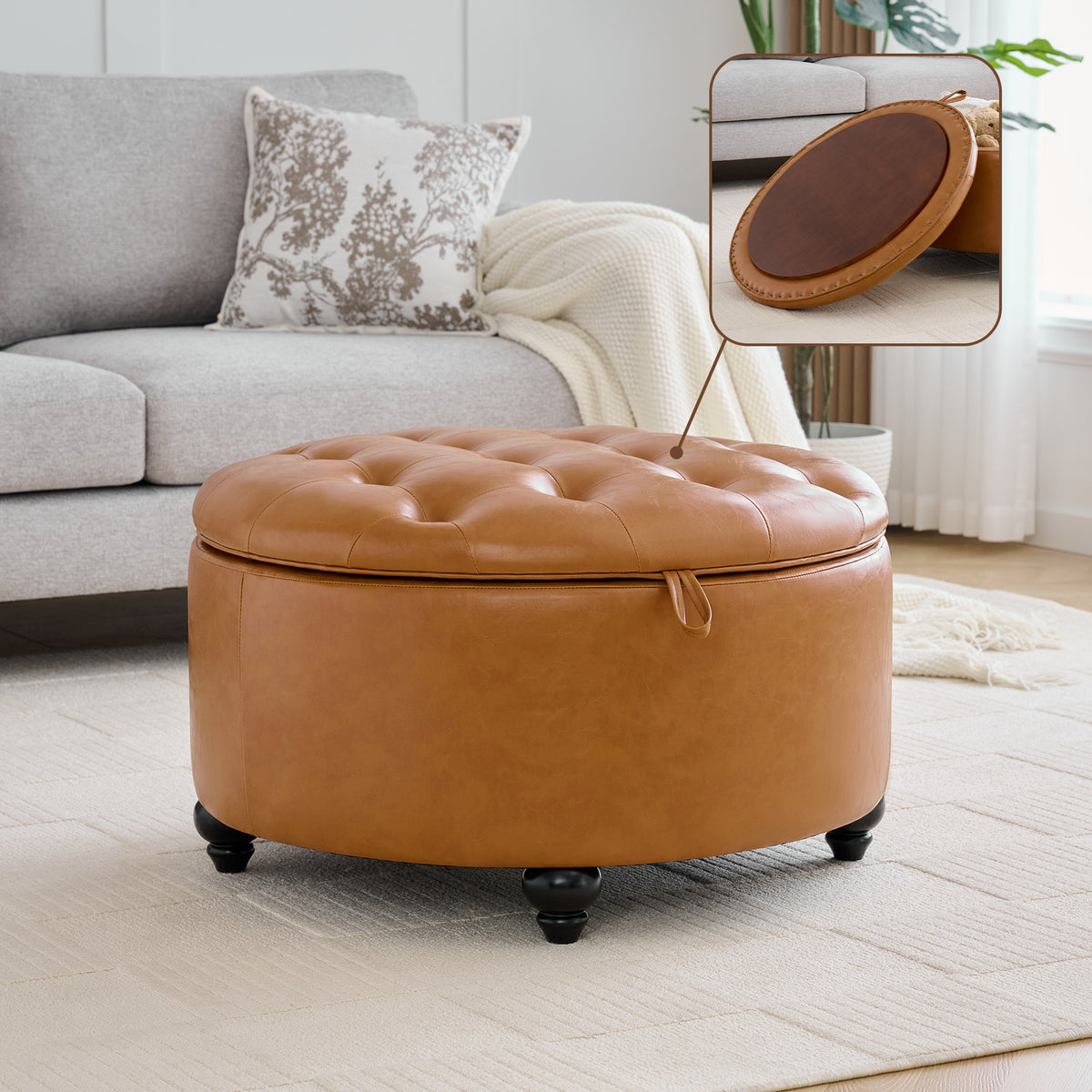 HASLE 30Inch Round Storage Ottoman with Tray, Modern Tufted Leather Circle Coffee Table with Storage, Upholstered Ottoman with Removable Top for Living Room, Bedroom, Leather Brown