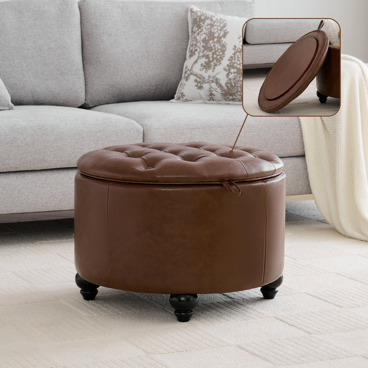 HASLE 24Inch Round Storage Ottoman with Tray, Modern Tufted Leather Circle Coffee Table with Storage, Upholstered Ottoman with Removable Top for Living Room, Bedroom, Leather Coffee