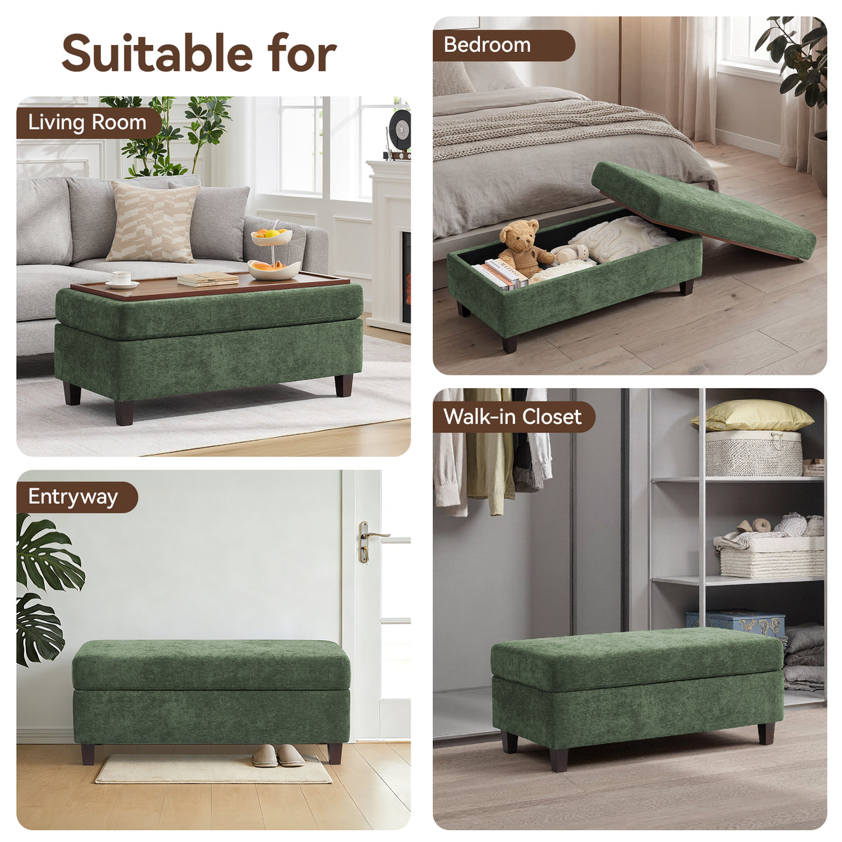 HASLE Storage Ottoman Bench with Wooden Tray, Upholstered Ottoman Coffee Table with Hidden Storage for Living Room Bedroom