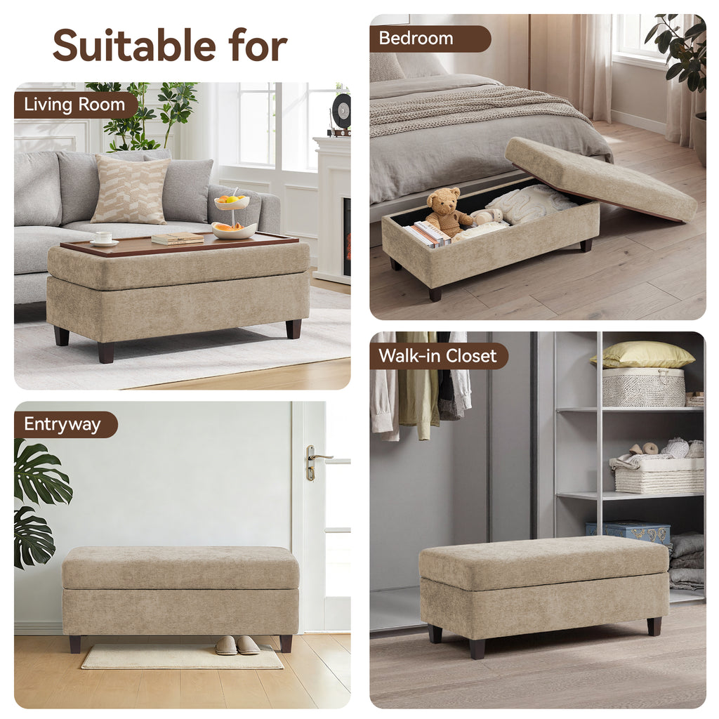 HASLE Storage Ottoman Bench with Wooden Tray, Upholstered Ottoman Coffee Table with Hidden Storage for Living Room Bedroom