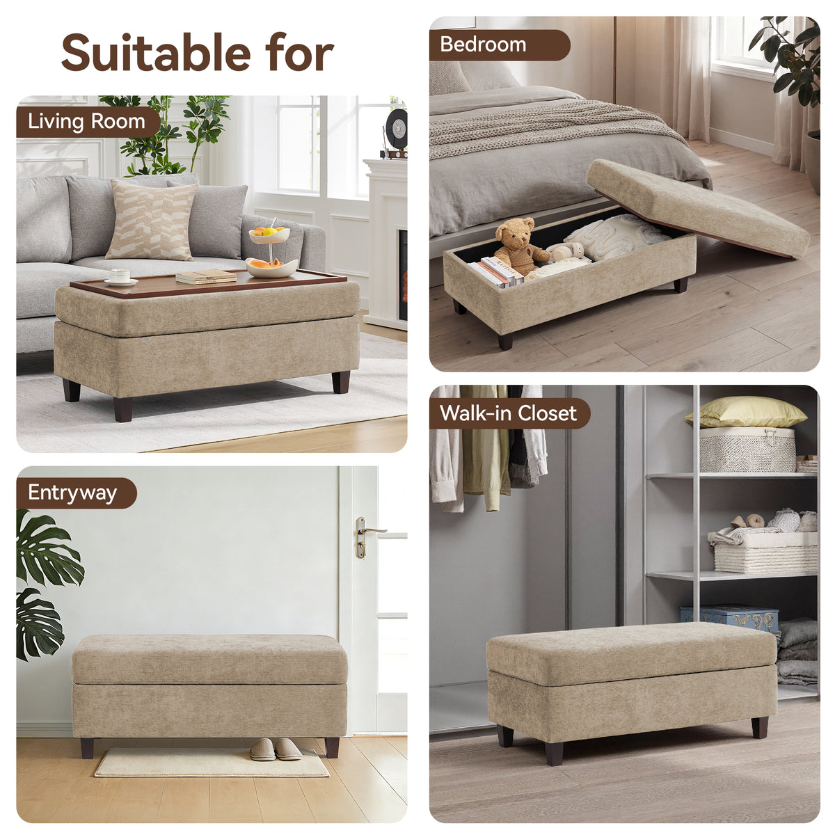 HASLE Storage Ottoman Bench with Wooden Tray, Upholstered Ottoman Coffee Table with Hidden Storage for Living Room Bedroom