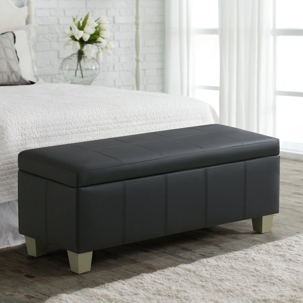 Faux Leather Storage Ottoman Bench, Rectangle Upholstered Storage Bench with Wooden Legs, Stitch Tufted Bench with Storage for Bedroom, Living Room, Entryway