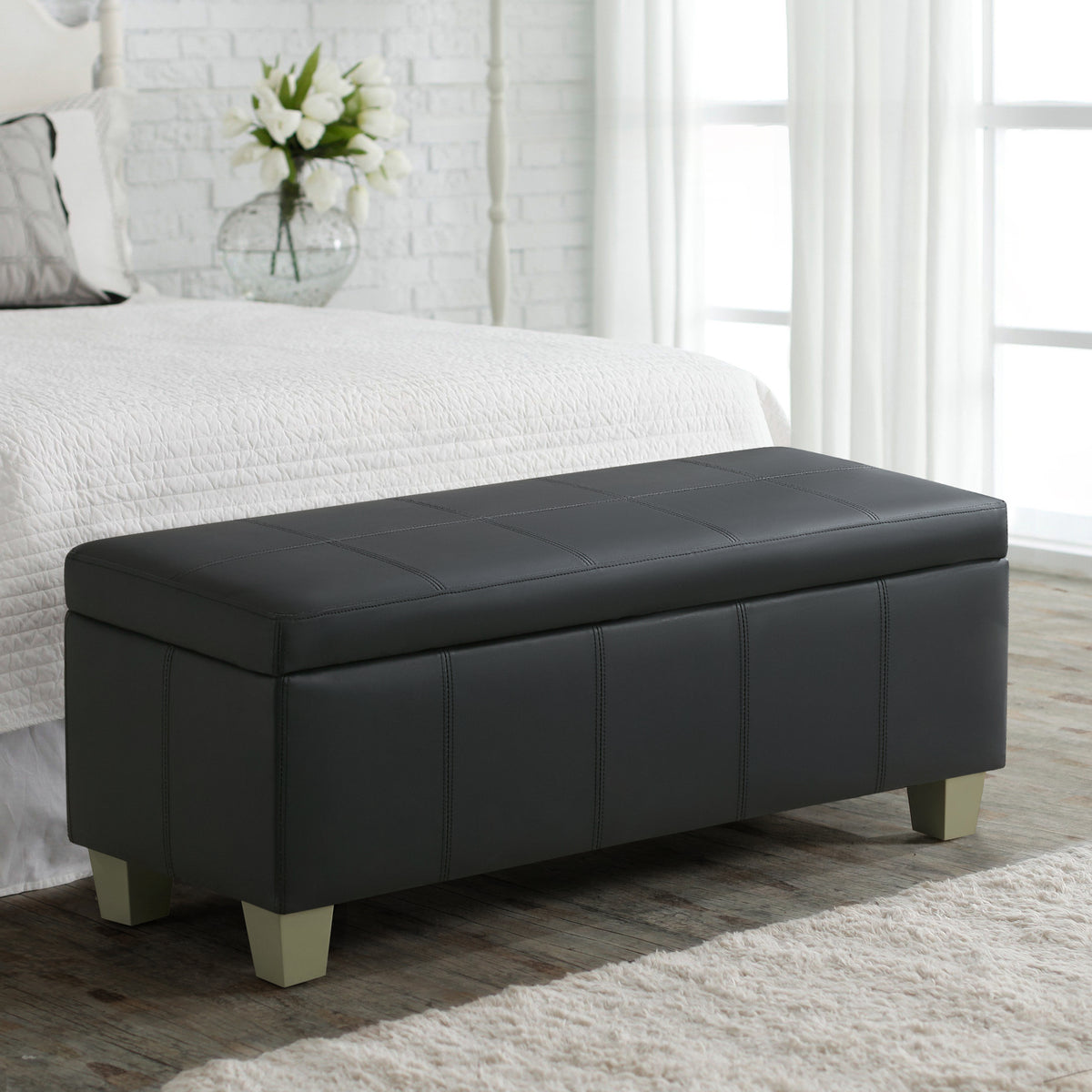 Faux Leather Storage Ottoman Bench, Rectangle Upholstered Storage Bench with Wooden Legs, Stitch Tufted Bench with Storage for Bedroom, Living Room, Entryway