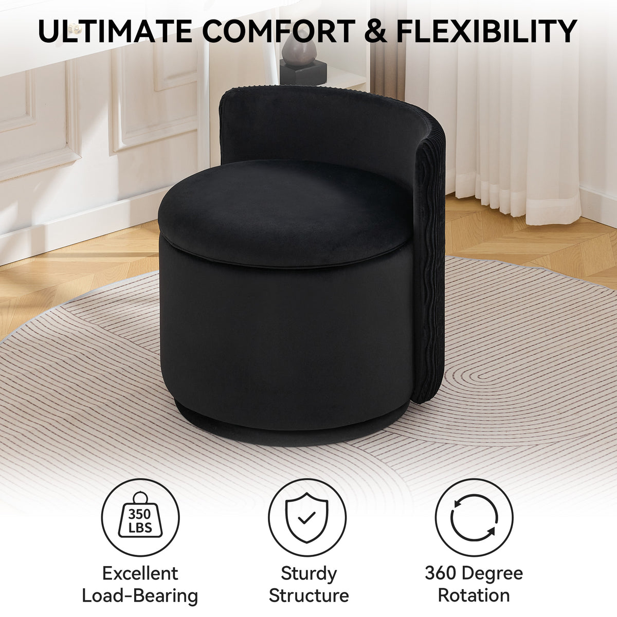 Velvet Swivel Accent Chair with Storage, 360° Vanity Makeup Chair with Wave Back, No Assembly Comfy Single Sofa Chair, Small Accent Stool for Bedroom, Dressing, Living Room