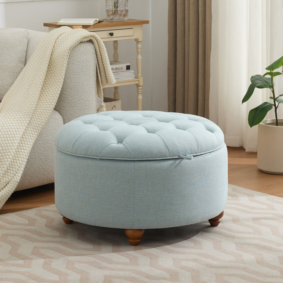 30'' Round Ottoman with Storage, Modern Tufted Fabric Storage Ottoman with Removable Top for Living Room, Bedroom, Light Blue